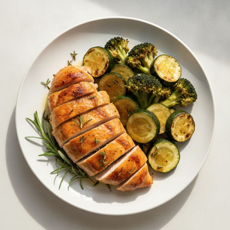 Herb-Roasted Chicken Breast with Roasted Broccoli and Zucchini