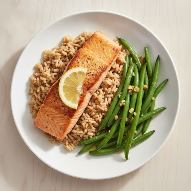 Seared Salmon Fillet with Garlic Green Beans and Brown Rice