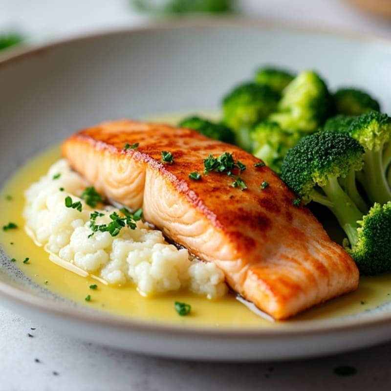 Seared Salmon with Steamed Broccoli and Garlic Cauliflower Mash