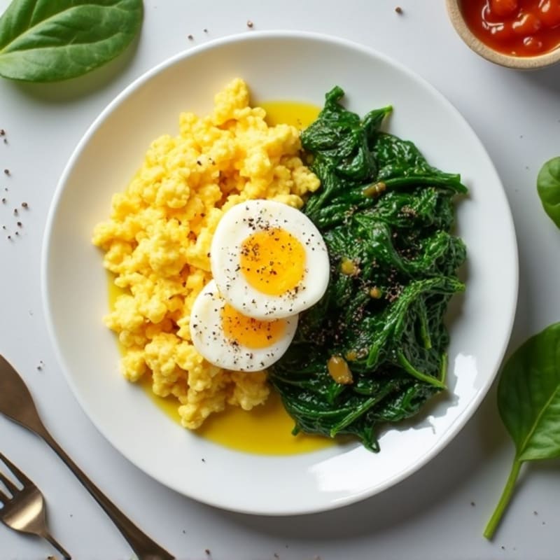 Scrambled Eggs with Cottage Cheese and Sautéed Spinach