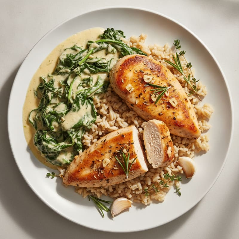 Garlic Herb Chicken Breast with Creamy Spinach and Brown Rice