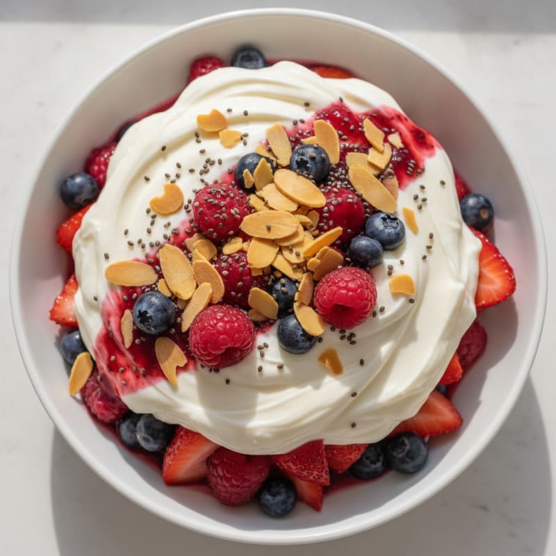 Silky Greek Yogurt Protein Parfait with Mixed Berries and Almonds