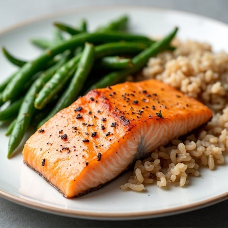 Seared Salmon with Steamed Green Beans and Brown Rice