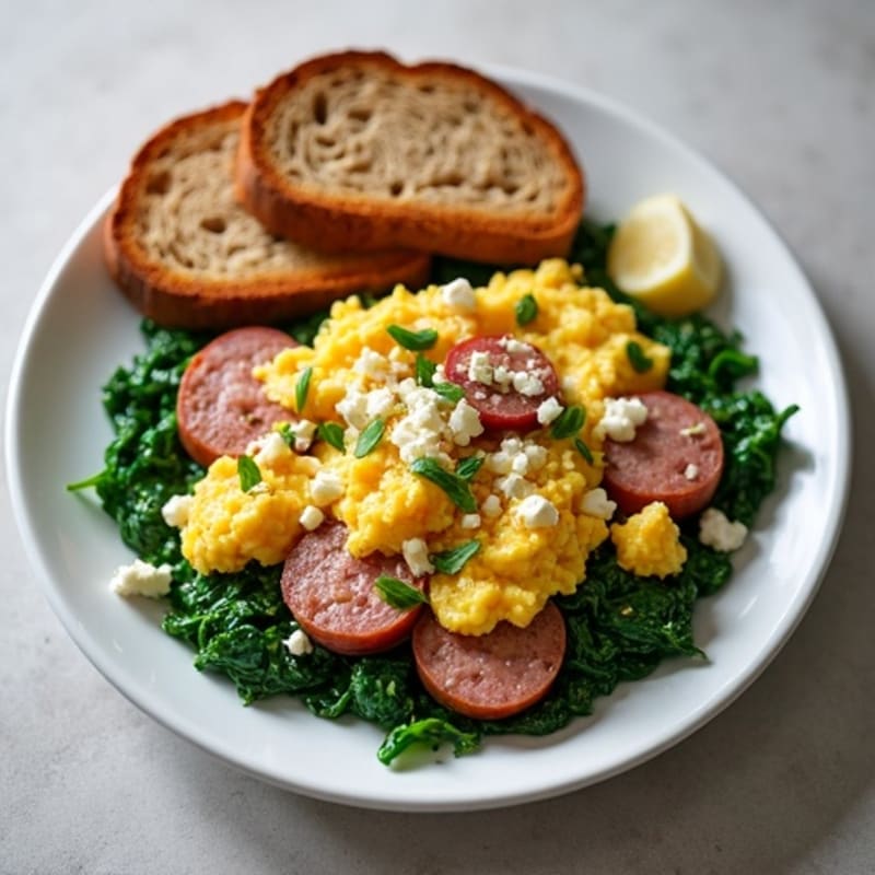 Egg White and Turkey Sausage Scramble with Sautéed Spinach