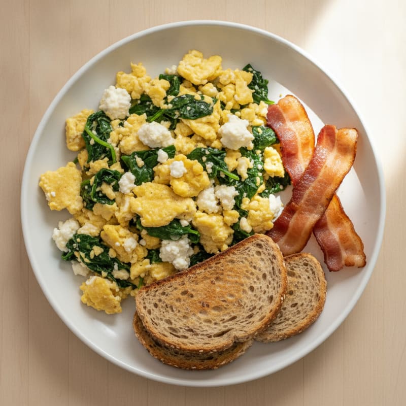 Cottage Cheese Scramble with Spinach and Turkey Bacon
