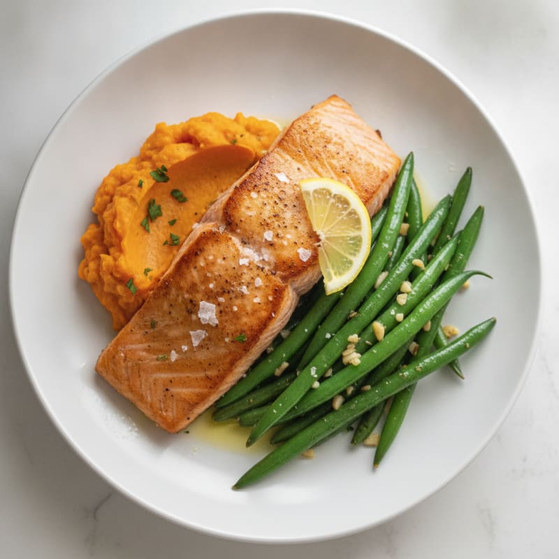 Seared Salmon with Garlic Green Beans and Sweet Potato Mash