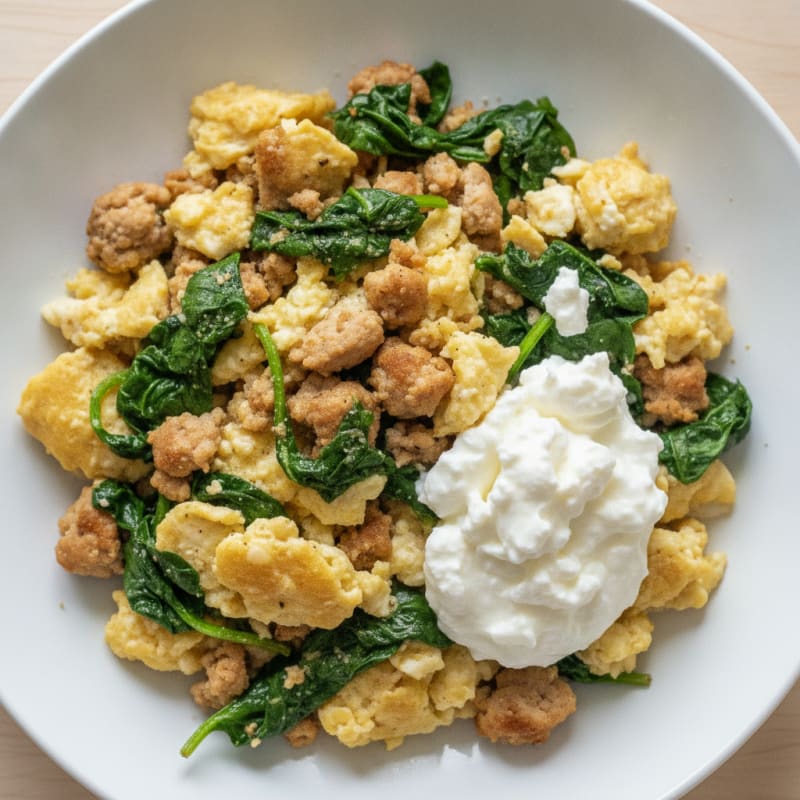 Egg White and Turkey Spinach Scramble with Cottage Cheese