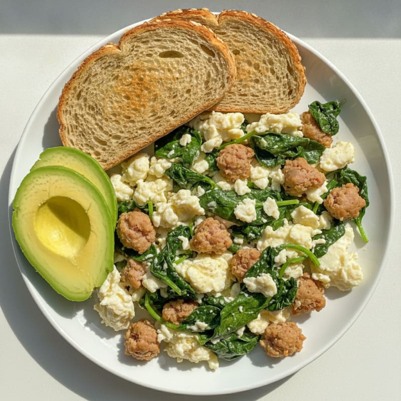 Scrambled Egg Whites with Turkey Sausage and Sautéed Spinach
