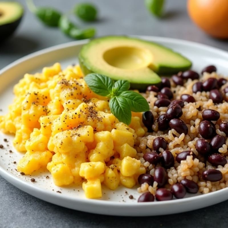 Fluffy Scrambled Eggs with Black Beans, Brown Rice, and Creamy Avocado