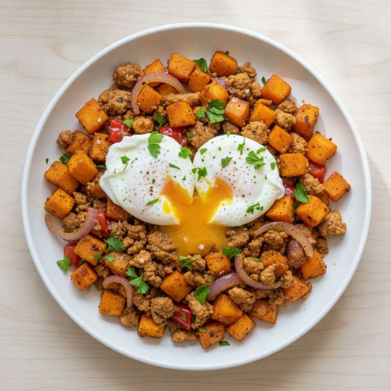 Sweet Potato Hash with Poached Eggs