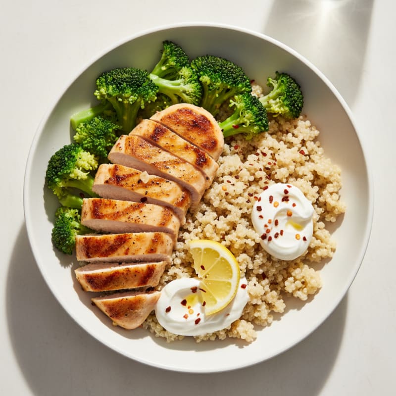 Seared Chicken Breast with Steamed Broccoli and Creamy Quinoa Bowl