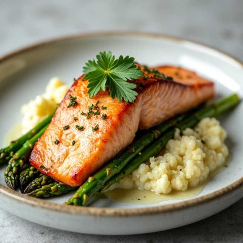 Seared Salmon with Steamed Asparagus and Garlic Mashed Cauliflower