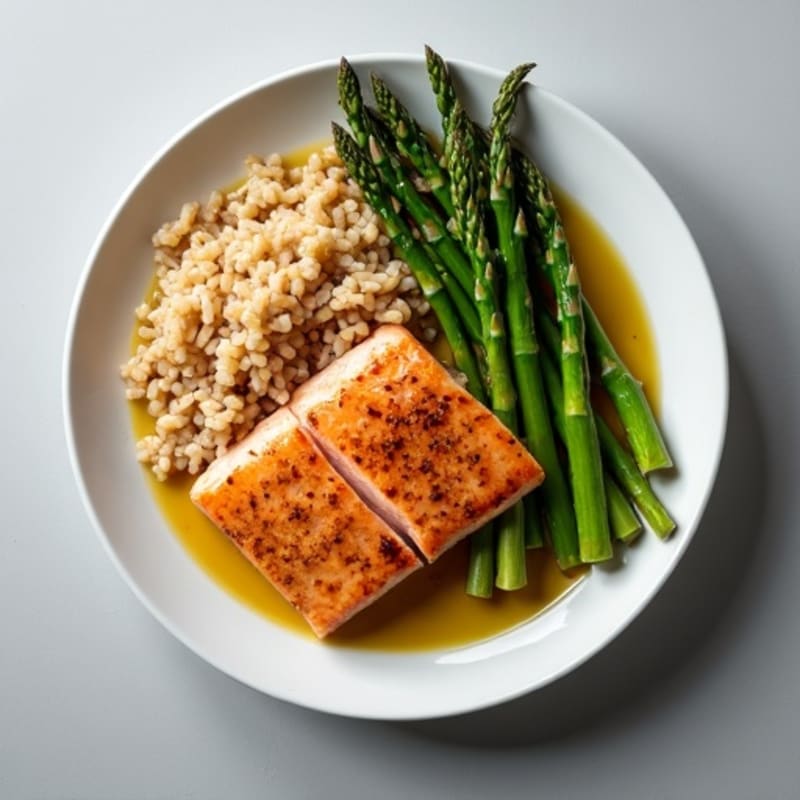 Seared Salmon Fillet with Steamed Asparagus and Brown Rice