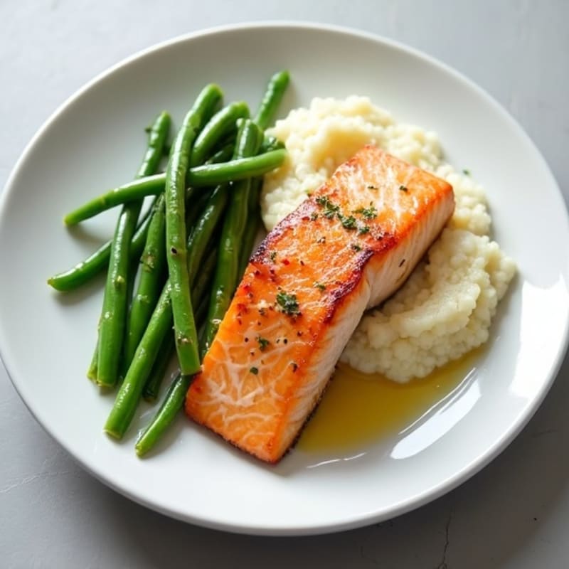 Seared Salmon with Steamed Green Beans and Cauliflower Mash