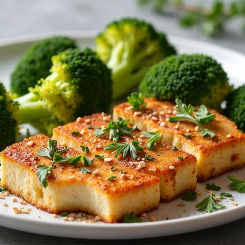 Crispy Herbed Tofu Steak with Roasted Broccoli