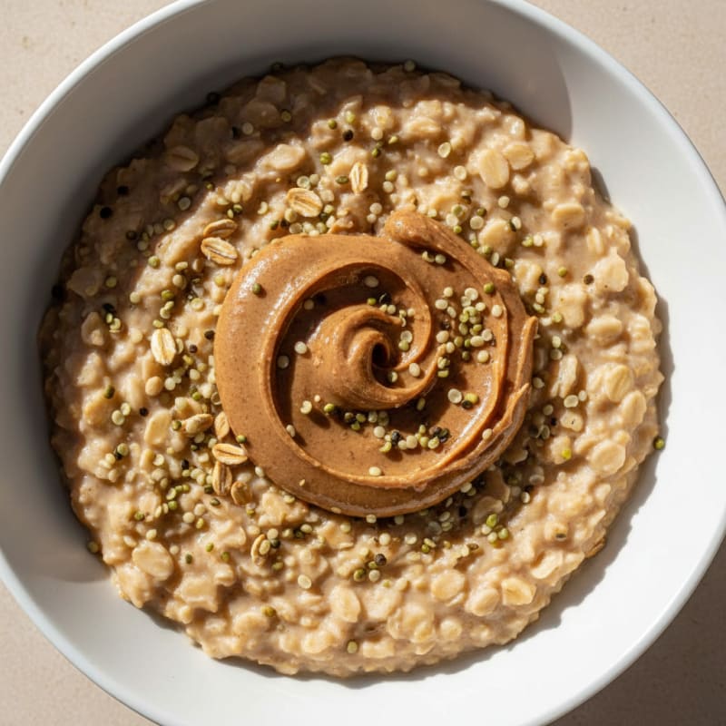 Creamy Vanilla Protein Oats with Almond Butter and Hemp Seeds