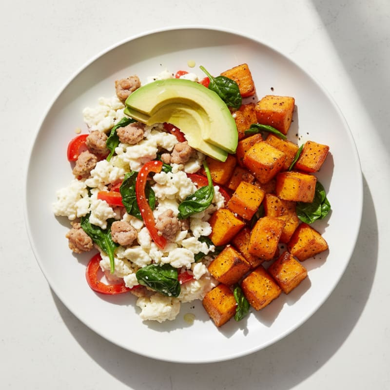Egg White and Turkey Sausage Scramble with Roasted Sweet Potatoes