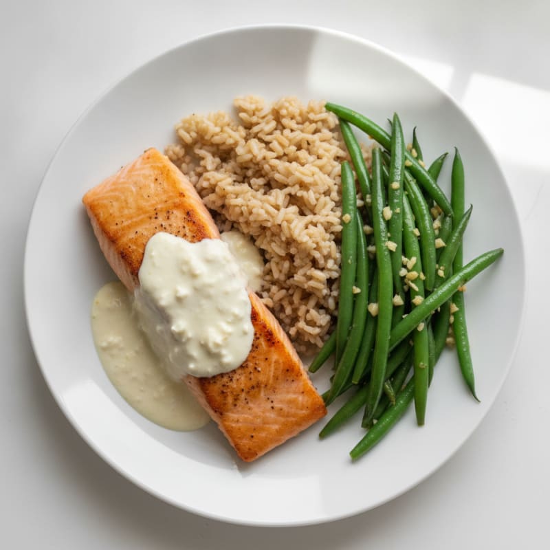 Seared Salmon with Garlic Green Beans and Brown Rice