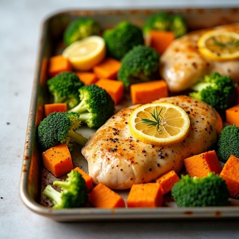 Sheet Pan Lemon-Garlic Roasted Chicken with Sweet Potatoes and Broccoli
