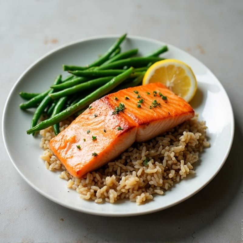 Seared Salmon with Steamed Green Beans and Brown Rice