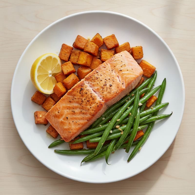 Seared Salmon with Roasted Sweet Potato and Garlic Green Beans