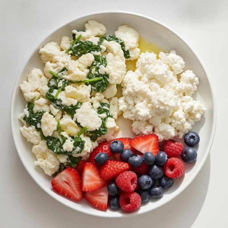 Egg White and Spinach Scramble with Cottage Cheese and Fresh Berries