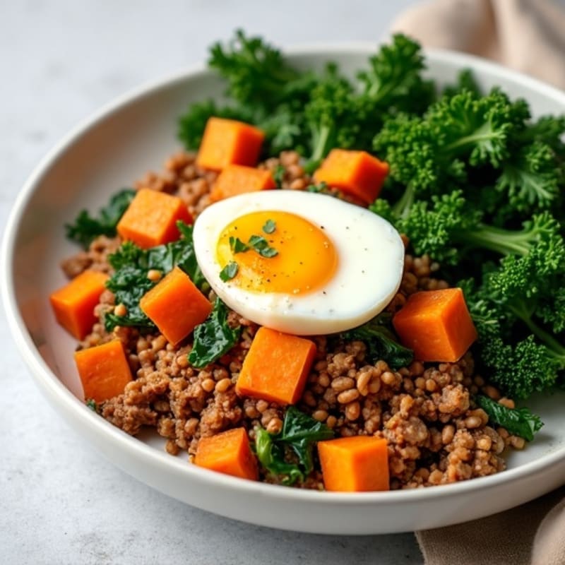 Lean Ground Turkey Skillet with Sweet Potatoes and Crispy Greens