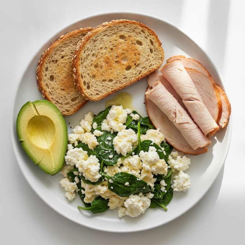 Egg White Spinach Scramble with Cottage Cheese and Sliced Turkey
