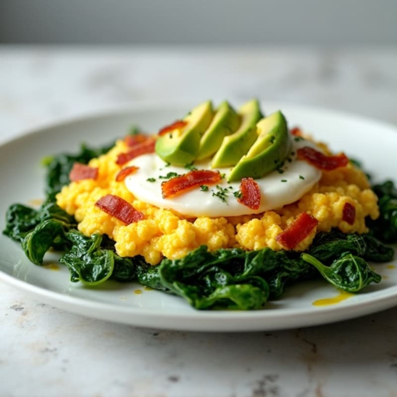 Cottage Cheese Egg White Scramble with Sautéed Spinach and Turkey Bacon