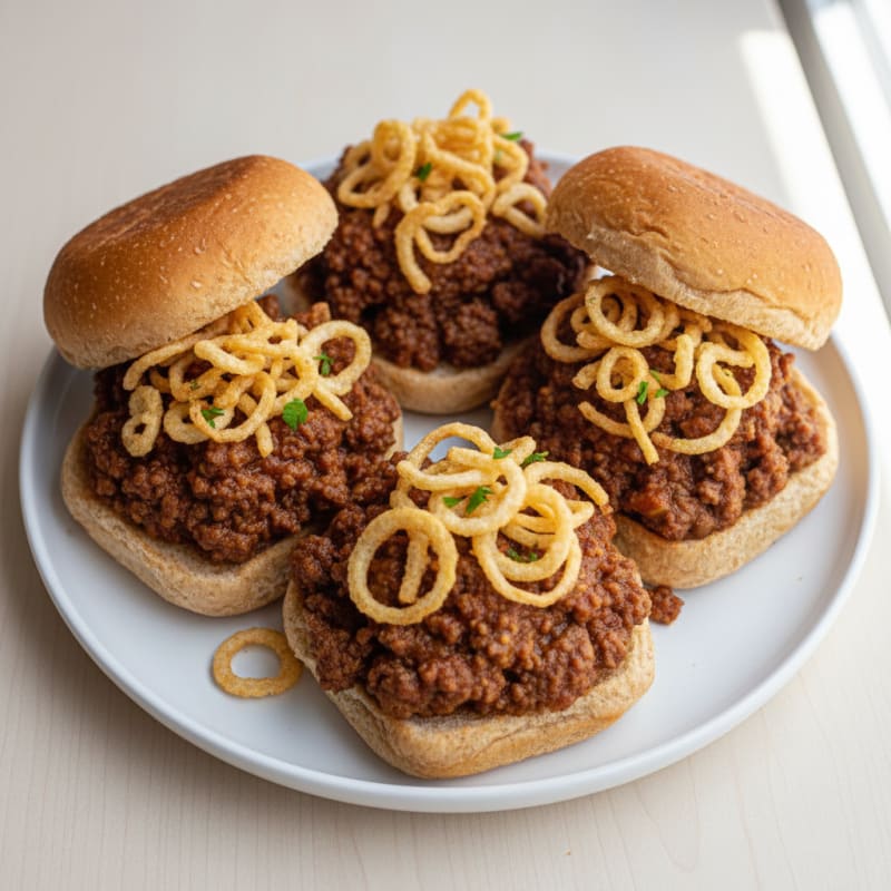 Smoky Sloppy Joe Sliders with Crispy Onions