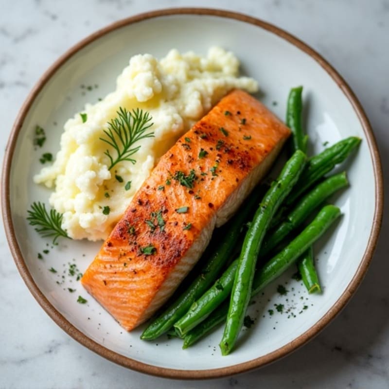 Seared Salmon Filet with Steamed Green Beans and Herb Mashed Cauliflower