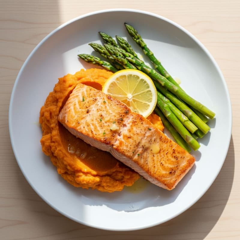 Seared Salmon with Steamed Asparagus and Sweet Potato Mash