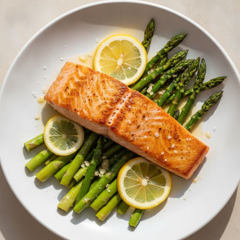 Seared Salmon Fillet with Roasted Asparagus and Lemon