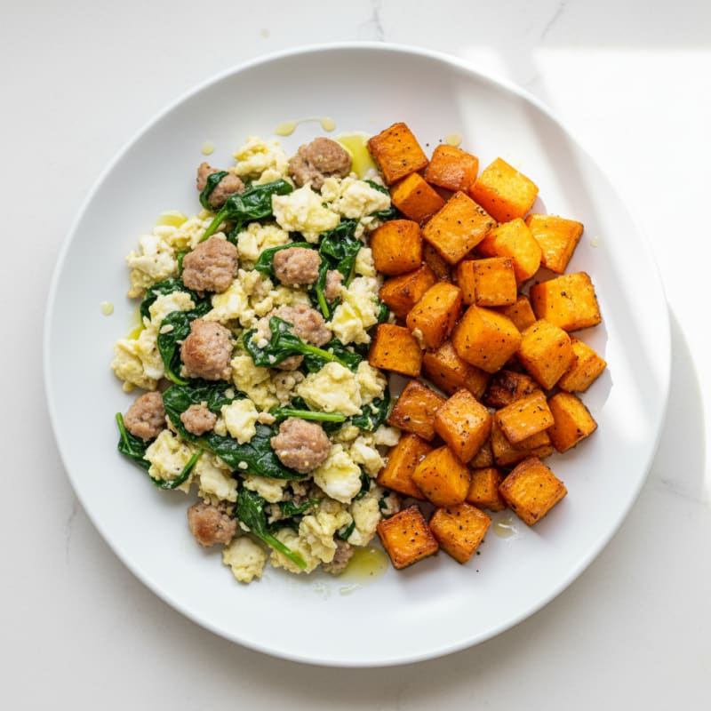 Egg White and Turkey Sausage Scramble with Spinach and Roasted Sweet Potatoes