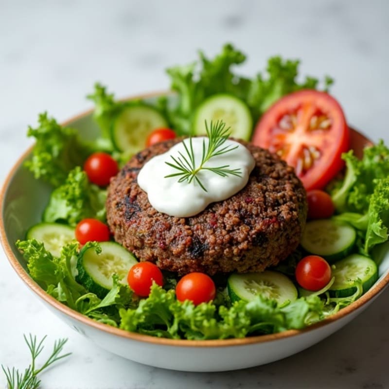 Ground Beef Burger Bowl with Fresh Greens and Creamy Dill Dressing