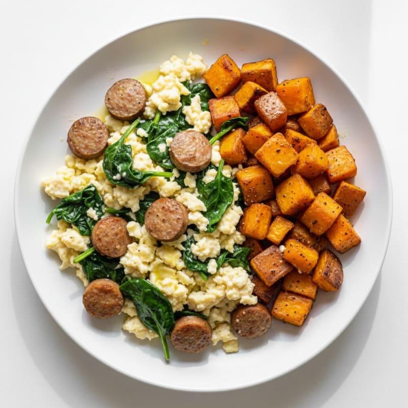 Egg White and Turkey Sausage Scramble with Spinach and Roasted Sweet Potatoes