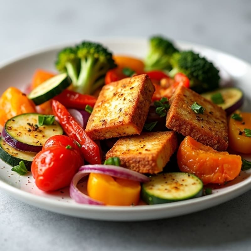 Crispy Baked Tofu with Roasted Rainbow Vegetables