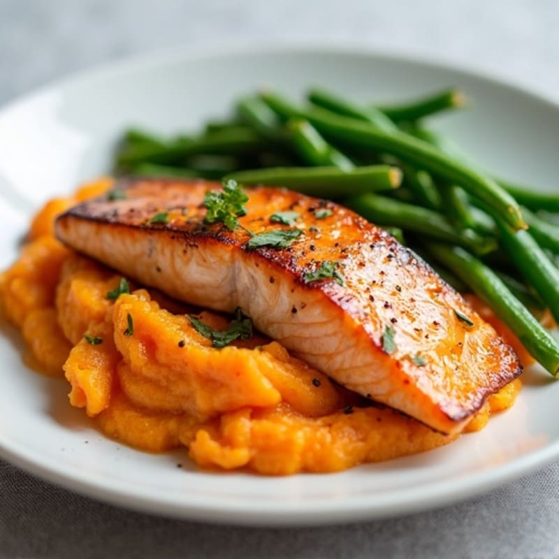 Seared Salmon with Steamed Green Beans and Sweet Potato Mash