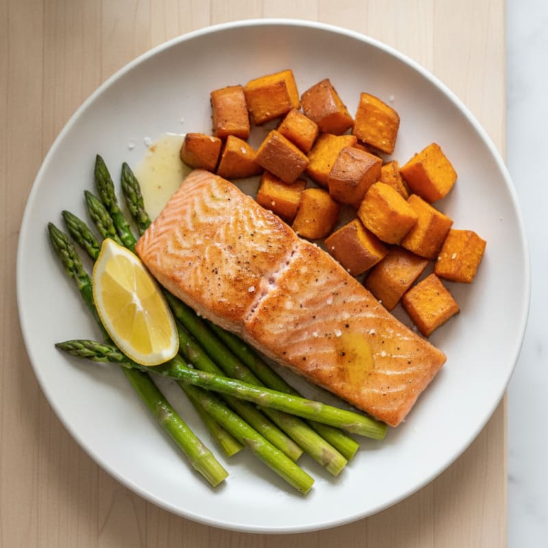 Seared Salmon Fillet with Roasted Sweet Potatoes and Asparagus