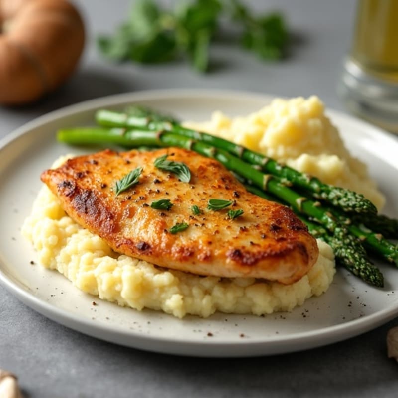 Buttery Garlic Pan-Seared Chicken with Creamy Mashed Potatoes and Tender Roasted Asparagus