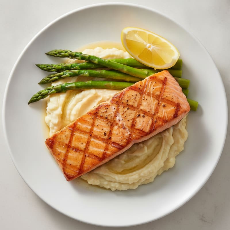 Seared Salmon with Steamed Asparagus and Cauliflower Mash