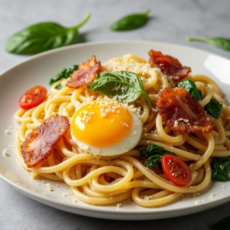 Creamy Egg Yolk Whole Wheat Pasta with Crispy Turkey Bacon