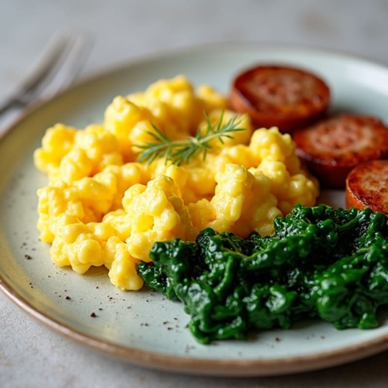 Fluffy Scrambled Eggs with Sautéed Spinach and Lean Turkey Sausage