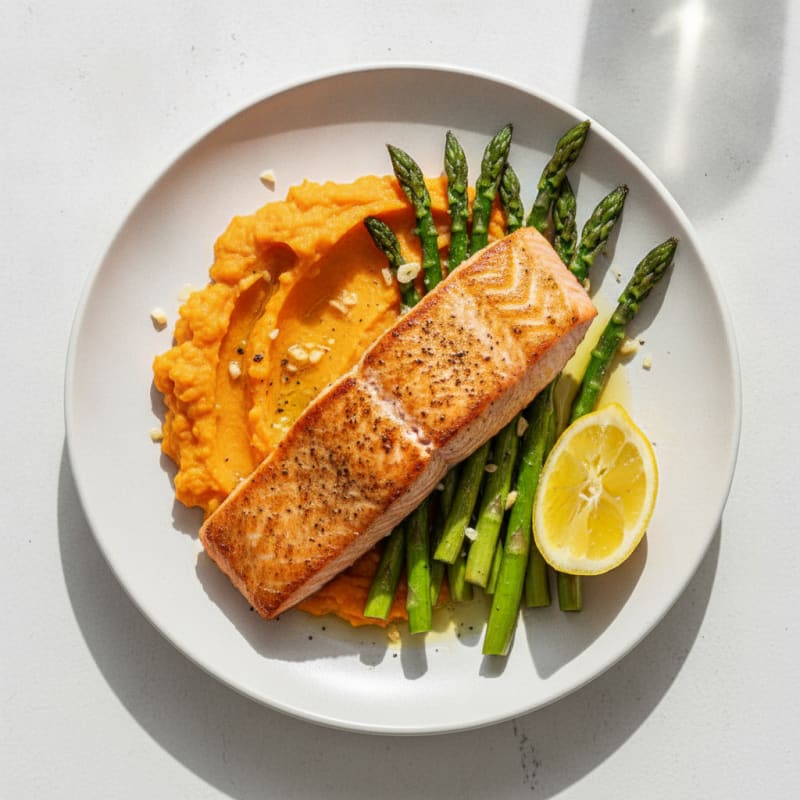 Seared Salmon Fillet with Roasted Asparagus and Sweet Potato Mash