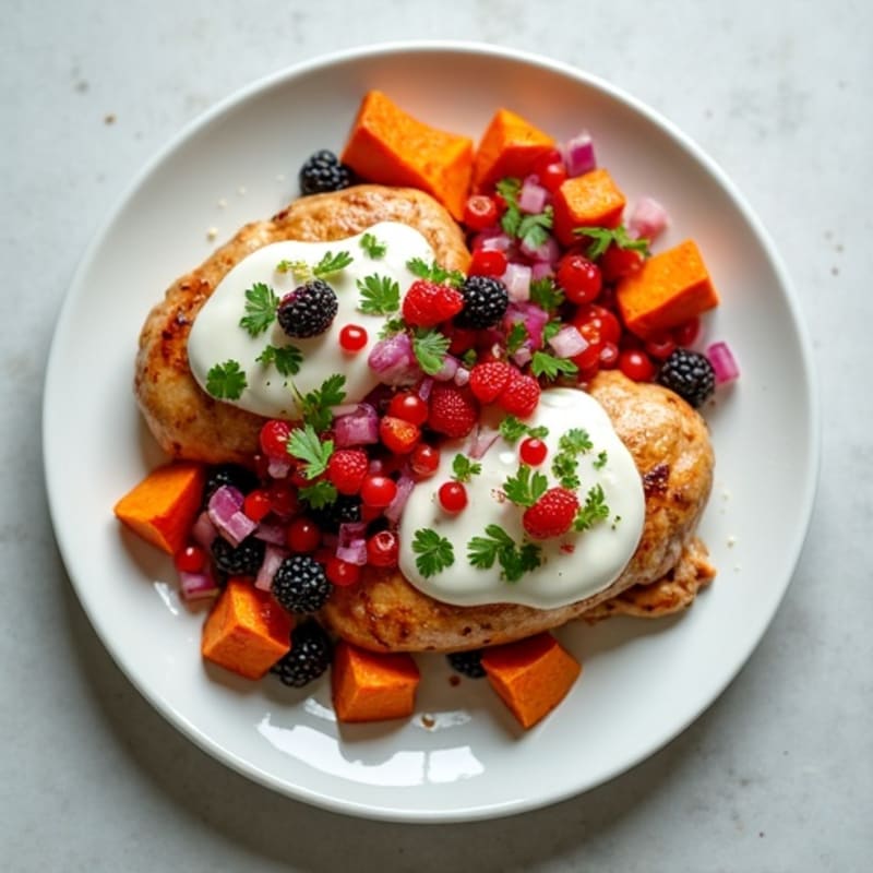 Creamy Yogurt Chicken with Roasted Sweet Potatoes and Fresh Berry Salsa