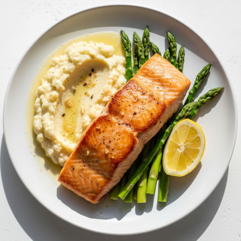 Seared Salmon Filet with Steamed Asparagus and Cauliflower Mash