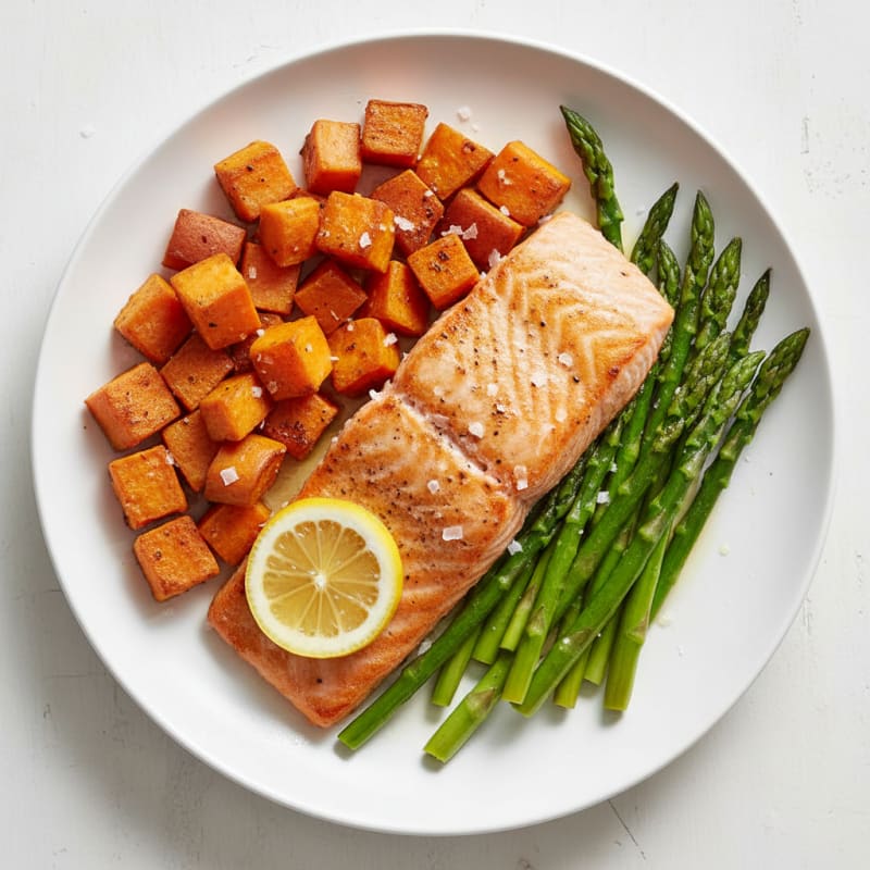 Seared Salmon Fillet with Roasted Sweet Potato and Asparagus