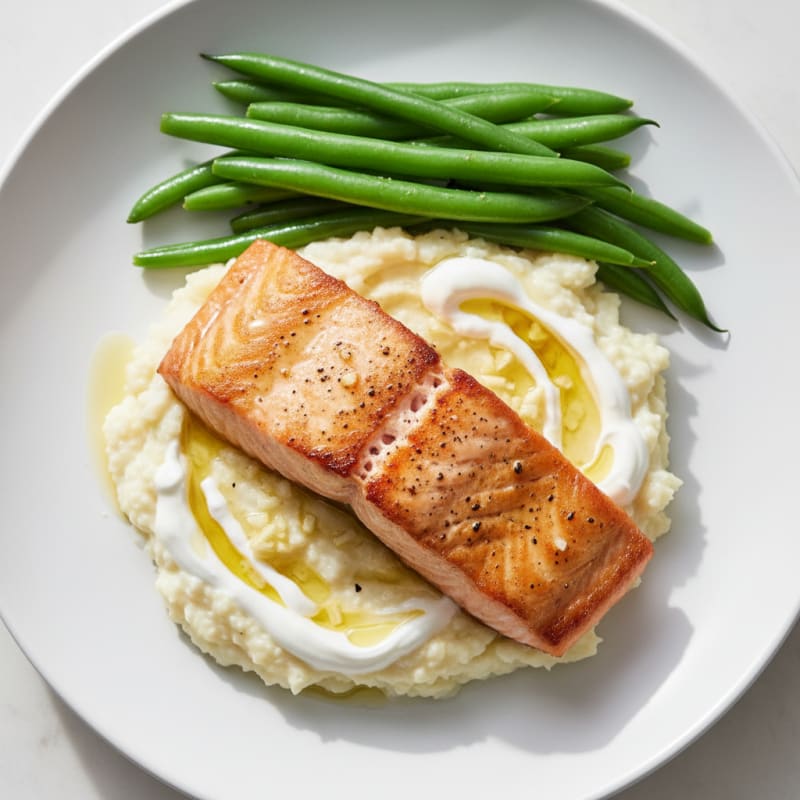 Seared Salmon with Steamed Green Beans and Garlic Cauliflower Mash