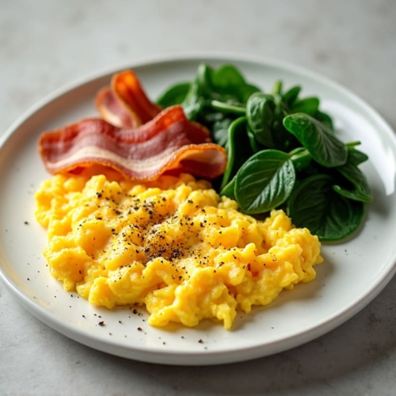 Fluffy Scrambled Eggs with Sautéed Spinach and Turkey Bacon