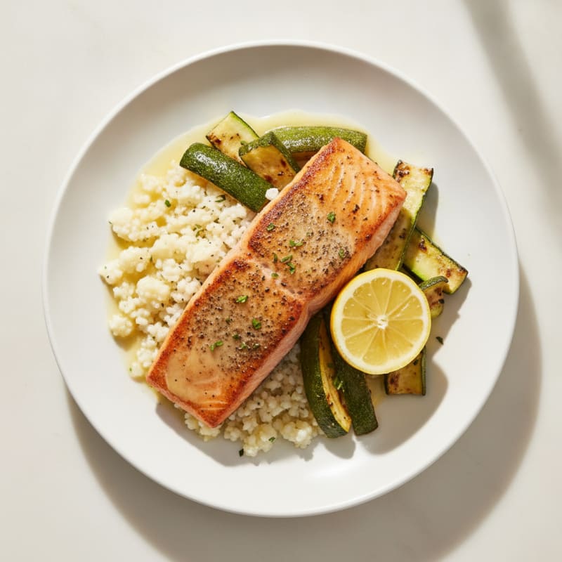 Seared Salmon with Cauliflower Rice and Roasted Zucchini